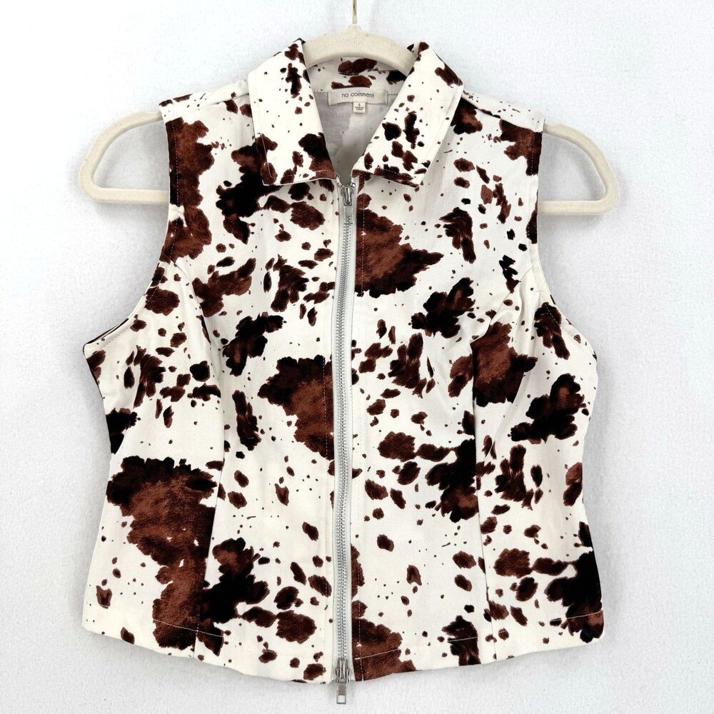 No Comment Cow Print Vest Women S Brown White Zip Front Western Cowgirl Y2K